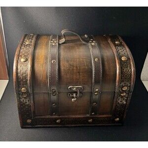 VTG Wooden Pirate Treasure Chest Decorative Trunk with Unique Wooden Trim